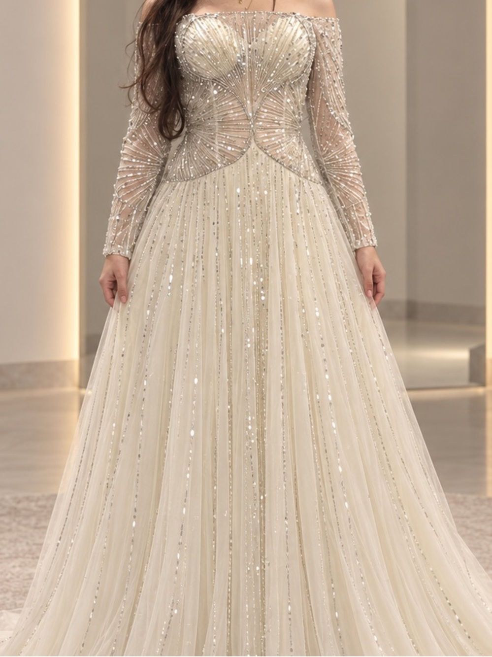Ivory Off-Shoulder Beaded A-Line Evening Dress